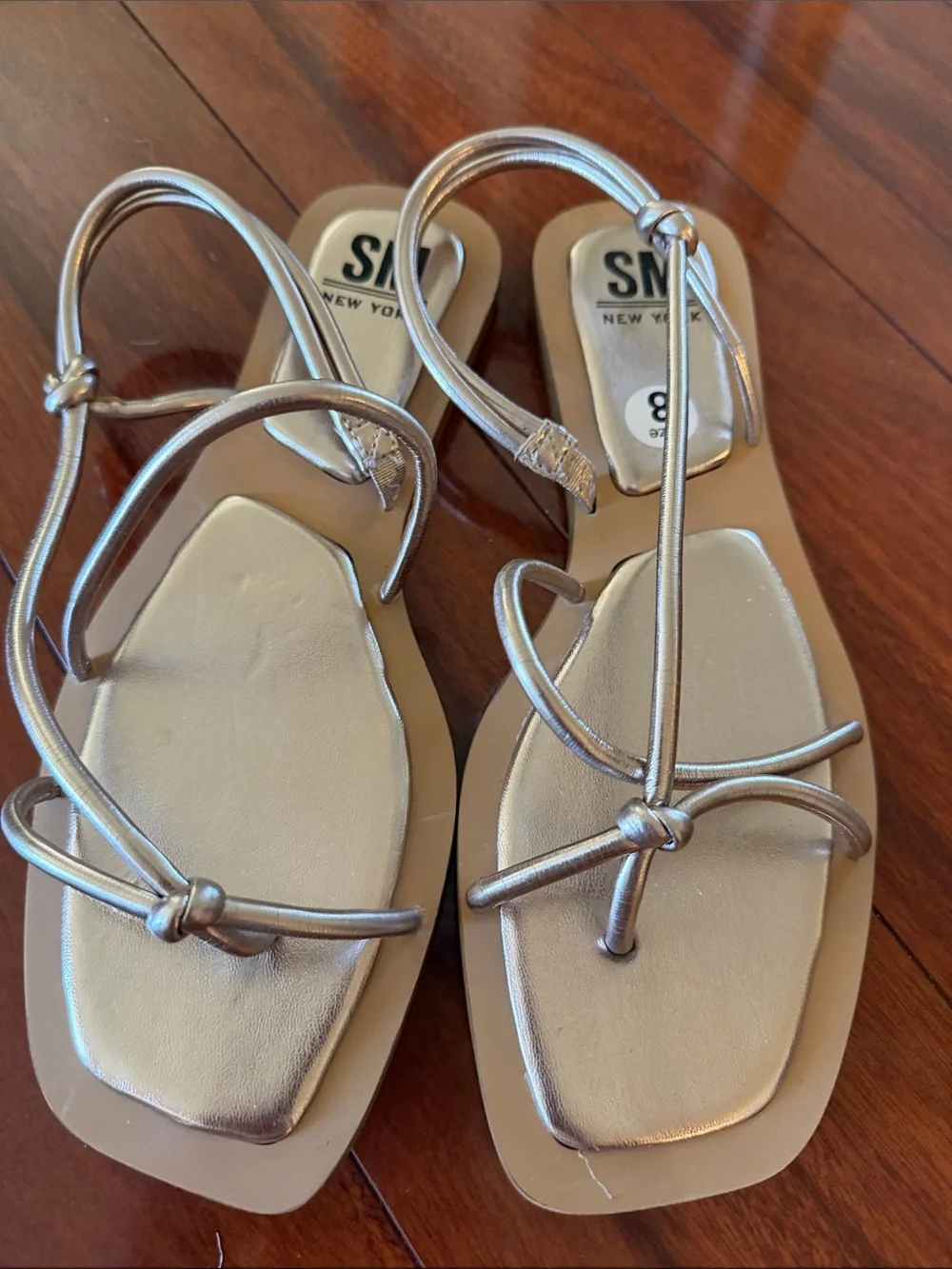 SM New York Silver Metallic Strappy Flat Sandals
